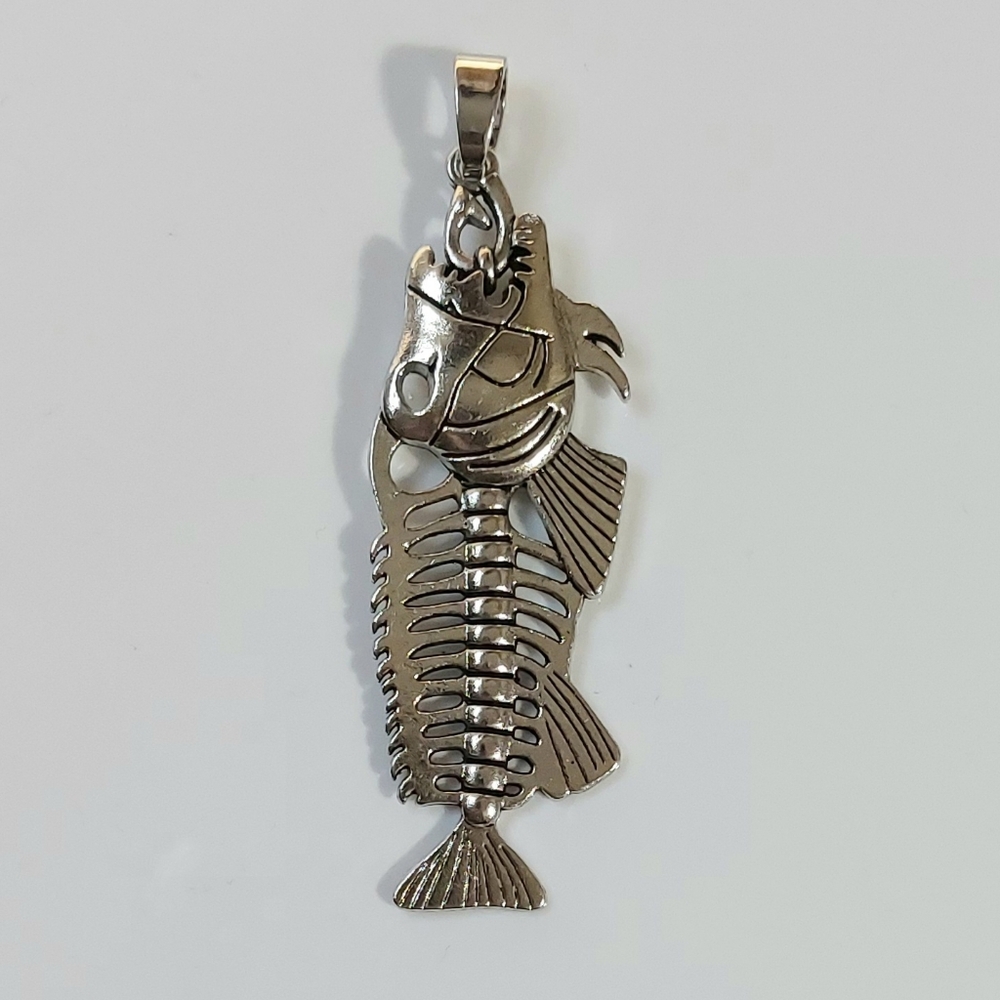 Fish and Hook Skeleton Necklace Pendant - Mens Womens Jewelry